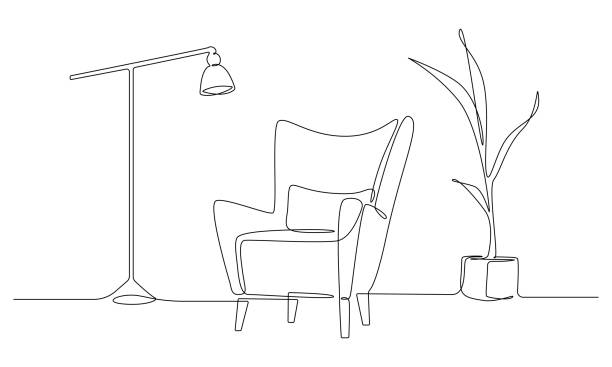 One continuous Line drawing of armchair and lamp and potted plant. Stylish furniture for living room interior in simple linear style. Editable stroke Vector illustration.